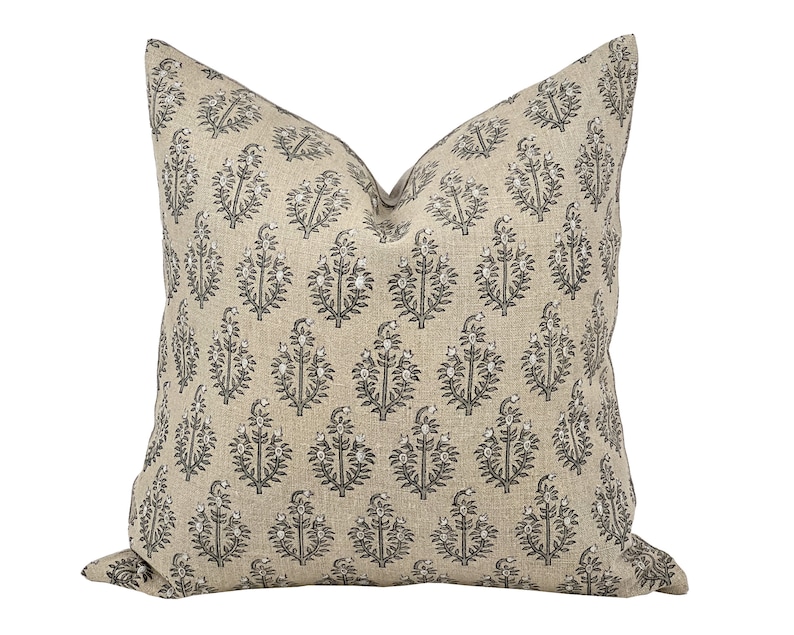 PAISLEY | Designer Sand Fog Linen Pillow Cover, Block Print Pillow, Grey Blue Floral Print Pillow, Beige Floral Pillow, Fall Pillow Cover image 1