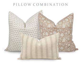 PILLOW COMBO | Warm Neutrals, Floral Pillow, Rust Floral Pillow, Cream Stripe Pillow, Pillow Combination, Sofa Pillow Set, Neutral Pillows