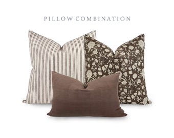 PILLOW COMBO | Fall Pillow Combination, Brown Striped Pillow, Brown Floral Pillow, Brown Pillow, Pillow Set, Sofa Pillow Set, Pillow Combo