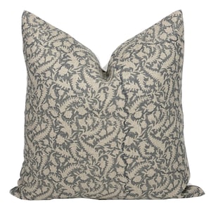 LUNA | Designer Grey Beige Floral Linen Pillow Cover, Block Print Pillow, Modern Farmhouse Pillow, Grey Pillow Cover, Floral Pillow, Neutral