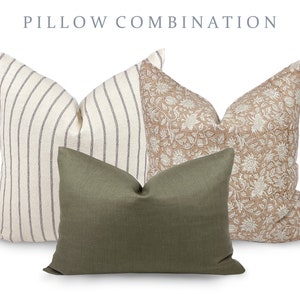 PILLOW COMBO | Warm Neutrals, Black Stripe Pillow, Rust Floral Pillow, Green Pillow, Pillow Combination, Sofa Pillow Set, Fall Pillow Combo