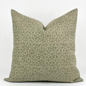 MAISIE | Designer Olive Green Linen Pillow Cover, Block Print Pillow, Sage Green Pillow, Floral Pillow, Muted Pillow Cover, Spring Pillow image 2