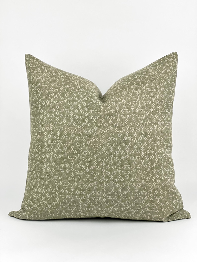 MAISIE | Designer Olive Green Linen Pillow Cover, Block Print Pillow, Sage Green Pillow, Floral Pillow, Muted Pillow Cover, Spring Pillow image 2