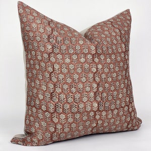 MARGEAUX Designer Dark Amber Floral Linen Pillow Cover, Block Print Pillow, Rust Red Pillow, Muted Pillow Cover, Floral Pillow Cover image 5