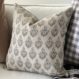 PAISLEY | Designer Sand Fog Linen Pillow Cover, Block Print Pillow, Grey Blue Floral Print Pillow, Beige Floral Pillow, Fall Pillow Cover image 7