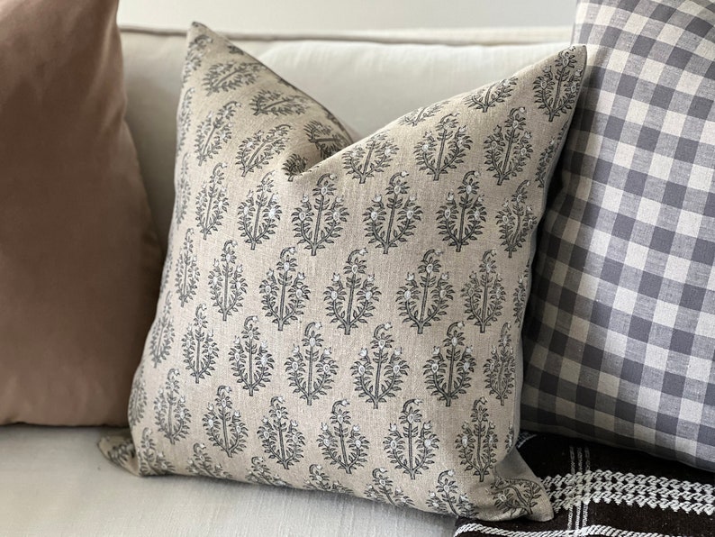 PAISLEY | Designer Sand Fog Linen Pillow Cover, Block Print Pillow, Grey Blue Floral Print Pillow, Beige Floral Pillow, Fall Pillow Cover image 7