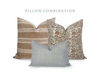 PILLOW COMBO | Spring Pillow Combination, Brown Striped Pillow, Floral Blue Pillow, Blue Neutral Pillow, Pillow Combination, Sofa Pillow Set