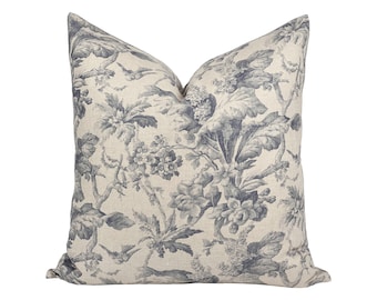 ASTRID | Designer Grey Blue Floral Linen Pillow Cover, Classic Floral Print, Greyish Blue Floral, Grey Blue Toile Pillow, Flint Pillow Cover