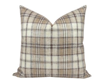 BECKETT | Tan Plaid Pillow Cover, Neutral Pillow, Farmhouse Pillow, Light Brown Plaid Pillow, Tan Plaid Pillow, Brown Check Pillow Cover