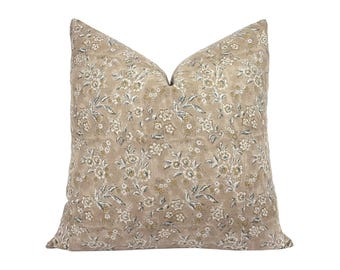 ELOWEN | Designer Sand Floral Linen Pillow Cover, Block Print Pillow, Neutral Floral Pillow, Tan Floral Pillow, Beige Floral Pillow