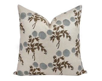 FONTANNE | Designer Grey Blue Floral Linen Pillow Cover, Block Print Pillow, Light Blue Pillow, Blue Grey Pillow, Floral Spring Pillow