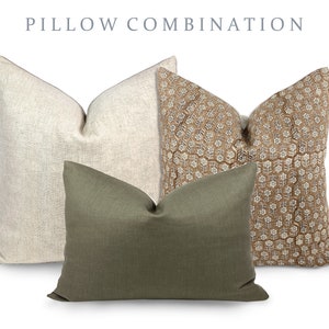 PILLOW COMBO | Warm Neutrals, Beige Woven Pillow, Camel Floral Pillow, Green Pillow, Pillow Combination, Sofa Pillow Set, Fall Pillow Combo