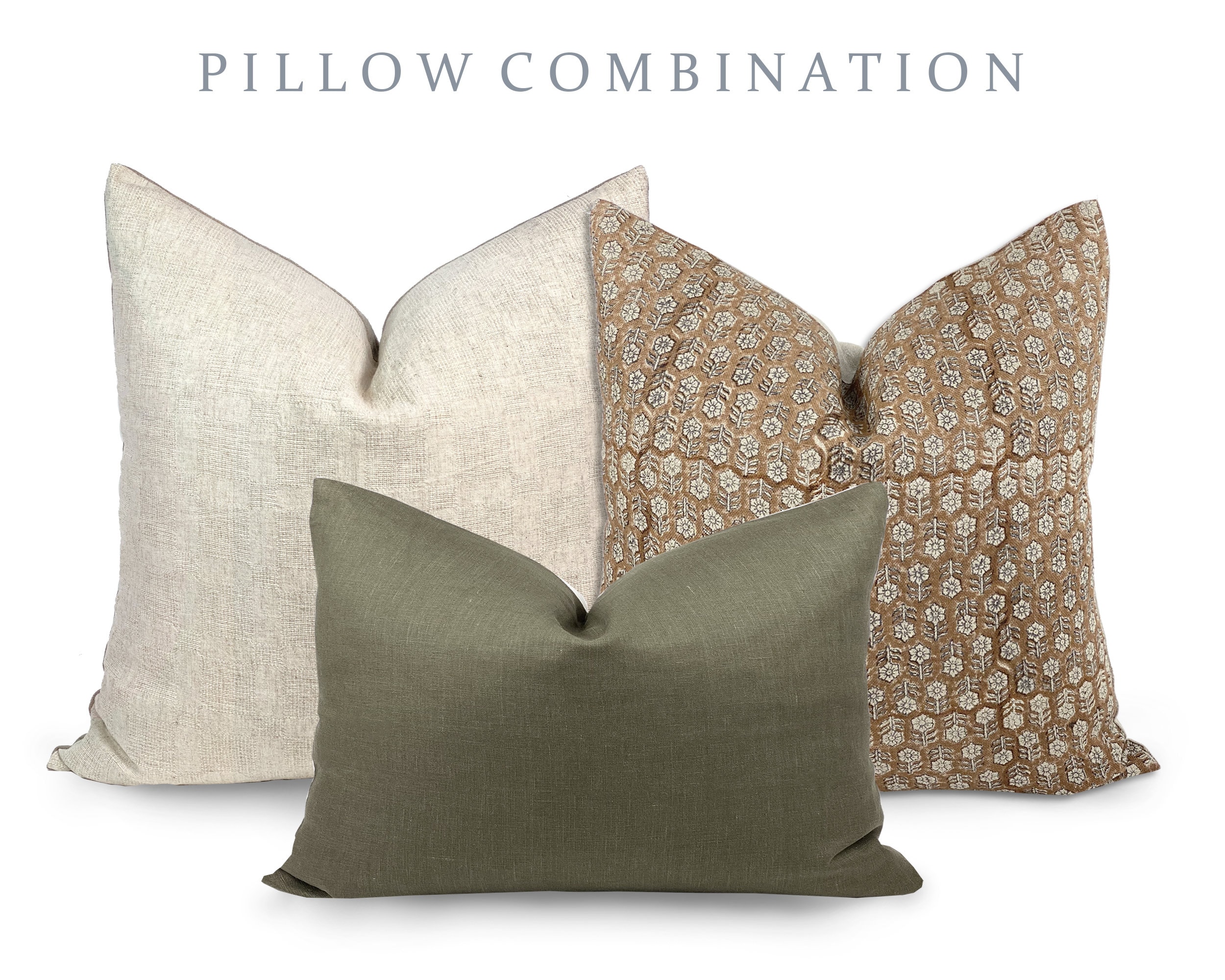 PILLOW COMBO | Warm Neutrals, Beige Woven Pillow, Camel Floral Pillow, Green Pillow, Pillow Combination, Sofa Pillow Set, Fall Pillow Combo