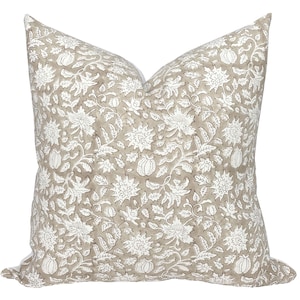 SANDSTONE | Designer Sand Floral Linen Pillow Cover, Block Print Pillow, Farmhouse Pillow, Neutral Pillow, Floral Pillow, Beige Tan Pillow