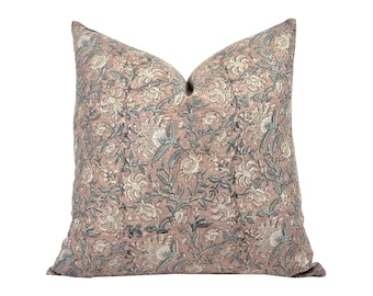 NOVA | Designer Dusty Rose Floral Linen Pillow Cover, Block Print Pillow, Rose Brown Floral Pillow, Muted Blush Pillow, Fall Pillow Cover