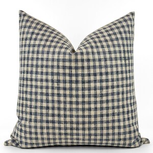 May include: A blue and white gingham pillow cover. The pillow cover is made of a soft, woven fabric and has a subtle texture.