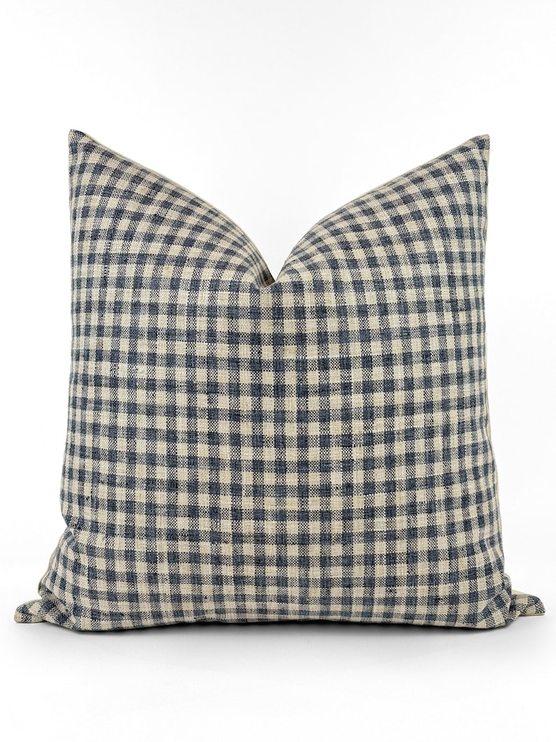 May include: A blue and white gingham pillow cover. The pillow cover is made of a soft, woven fabric and has a subtle texture.