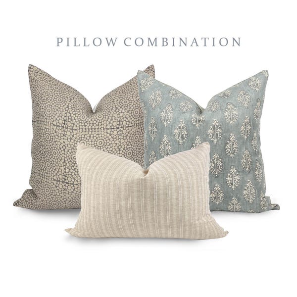 PILLOW COMBO | Light Neutrals, Grey Print Pillow, Floral Blue Pillow, Cream Pillow, Pillow Combination, Sofa Pillow Set, Neutral Pillows