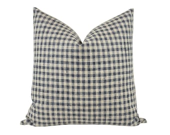 OREN | Navy Blue Gingham Pillow Cover, Neutral Pillow, Farmhouse Pillow, Dark Blue and Sand Gingham Pillow, Navy and Beige Checked Pillow