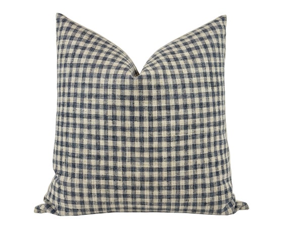 OREN | Navy Blue Gingham Pillow Cover, Neutral Pillow, Farmhouse Pillow, Dark Blue and Sand Gingham Pillow, Navy and Beige Checked Pillow