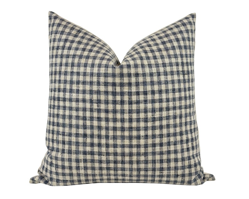 May include: A blue and white gingham pillow cover. The pillow cover is made of a soft, woven fabric and has a square shape.
