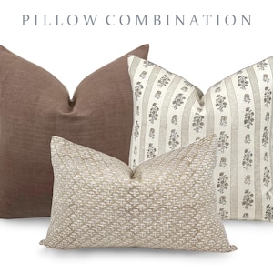 PILLOW COMBO | Fall Pillow Combination, Brown Solid Pillow, Striped Floral Pillow, Beige Pillow, Pillow Set, Sofa Pillow Set, Pillow Combo