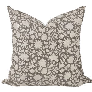 WREN | Designer Soft Grey Tan Floral Linen Pillow Cover, Block Print Pillow, Modern Farmhouse Pillow, Grey Pillow Cover, Floral Pillow Cover