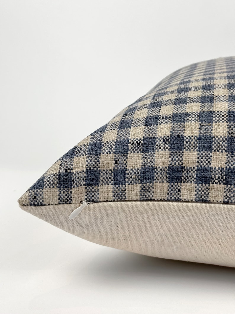 May include: A blue and white gingham pillow cover with a zipper closure. The pillow cover is made of a soft, woven fabric.
