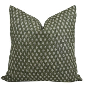 OLIVE | Designer Olive Green Linen Pillow Cover, Block Print Pillow, Farmhouse Pillow, Designer Pillow, Floral Leaf Pillow, Rustic Pillow bild 1
