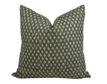 OLIVE | Designer Olive Green Linen Pillow Cover, Block Print Pillow, Farmhouse Pillow, Designer Pillow, Floral Leaf Pillow, Rustic Pillow