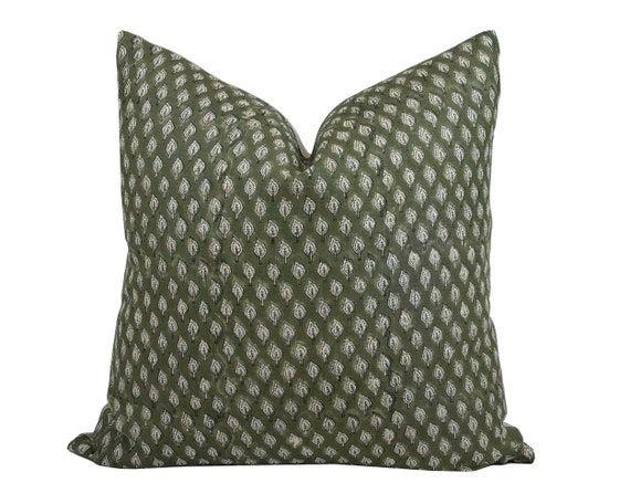 OLIVE | Designer Olive Green Linen Pillow Cover, Block Print Pillow, Farmhouse Pillow, Designer Pillow, Floral Leaf Pillow, Rustic Pillow
