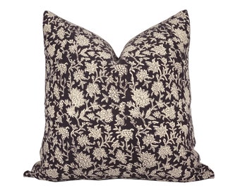 FLORA | Designer Black Beige Floral Pillow Cover, Block Print Pillow, Modern Farmhouse Pillow, Black Pillow Cover, Floral Pillow Cover
