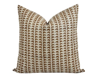 ATWELL | Designer Dark Camel Linen Pillow Cover, Block Print Pillow, Dark Caramel Pillow, Muted Pillow Cover, Brown Striped Pillow