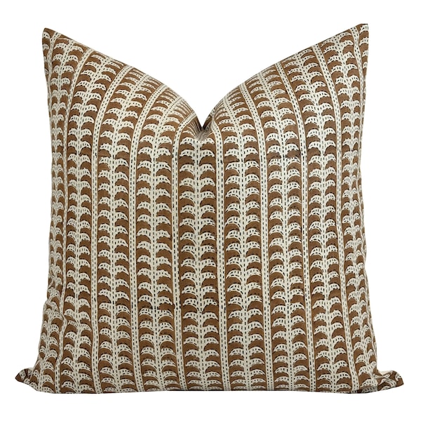 ATWELL | Designer Dark Camel Linen Pillow Cover, Block Print Pillow, Dark Caramel Pillow, Muted Pillow Cover, Brown Striped Pillow