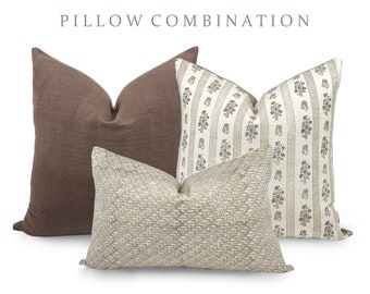 PILLOW COMBO | Fall Pillow Combination, Brown Solid Pillow, Striped Floral Pillow, Beige Pillow, Pillow Set, Sofa Pillow Set, Pillow Combo