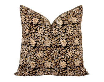 RAYA | Black Ochre Floral Pillow Cover, Block Print Pillow, Dark Floral Pillow, Black and Mustard Pillow, Moody Floral Pillow, Muted Pillow