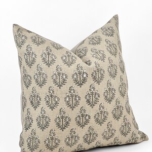 PAISLEY | Designer Sand Fog Linen Pillow Cover, Block Print Pillow, Grey Blue Floral Print Pillow, Beige Floral Pillow, Fall Pillow Cover image 5
