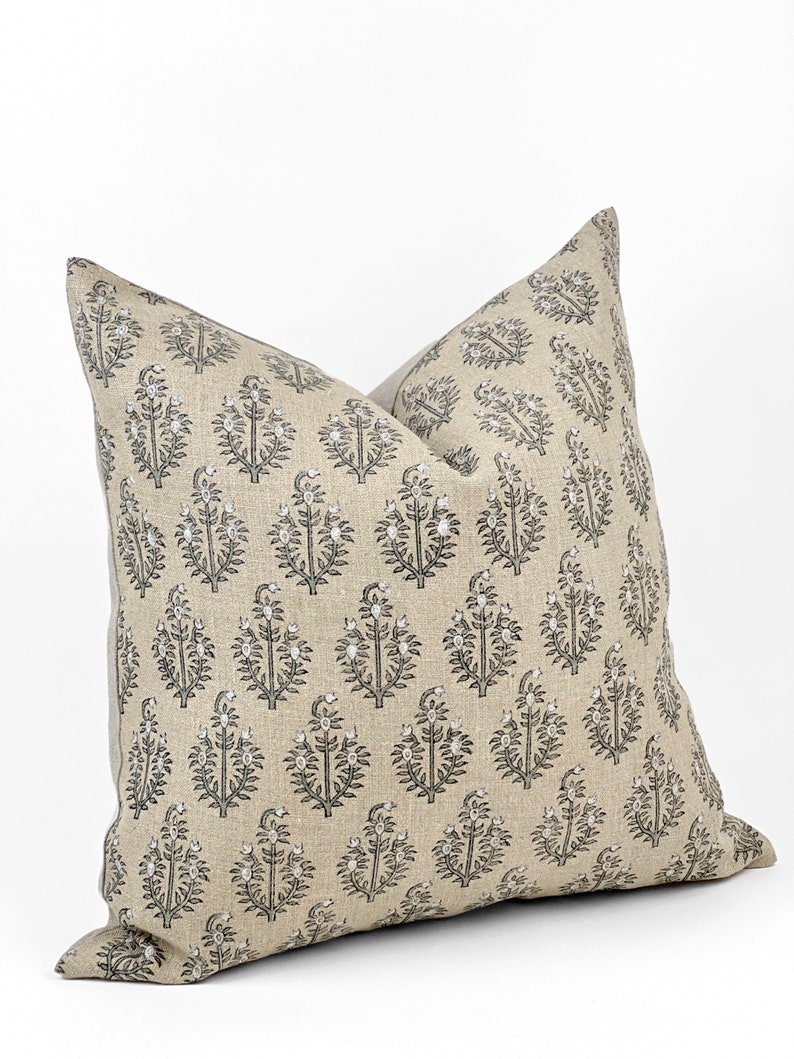 PAISLEY | Designer Sand Fog Linen Pillow Cover, Block Print Pillow, Grey Blue Floral Print Pillow, Beige Floral Pillow, Fall Pillow Cover image 5