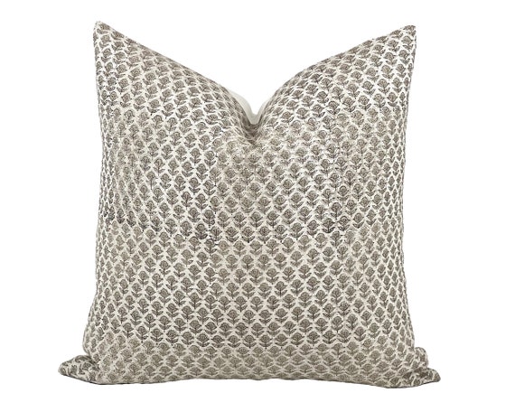 ELODIE | Designer Beige Floral Linen Pillow Cover, Block Print Pillow, Farmhouse Pillow, Small Floral Print, Neutral Pillow, Beige Pillow