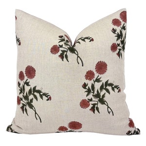 FREYA | Designer Ginger Red Floral Linen Pillow Cover, Block Print Pillow, Terracotta Floral Pillow, Muted Red Floral Pillow, Spring Pillow