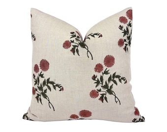 FREYA | Designer Ginger Red Floral Linen Pillow Cover, Block Print Pillow, Terracotta Floral Pillow, Muted Red Floral Pillow, Spring Pillow