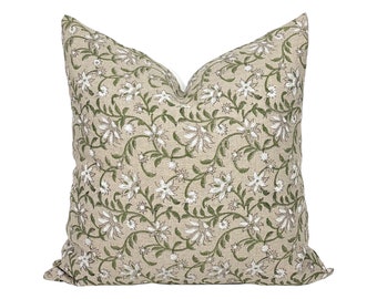 BLOOM | Designer White Floral Linen Pillow Cover, Block Print Pillow, Farmhouse Pillow, Designer Pillow, Green Floral Pillow, Spring Pillow