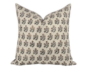 FAE | Designer Brown Floral Linen Pillow Cover, Block Print Pillow, Small Floral Print Pillow, Muted Pillow Cover, Brown Floral Pillow