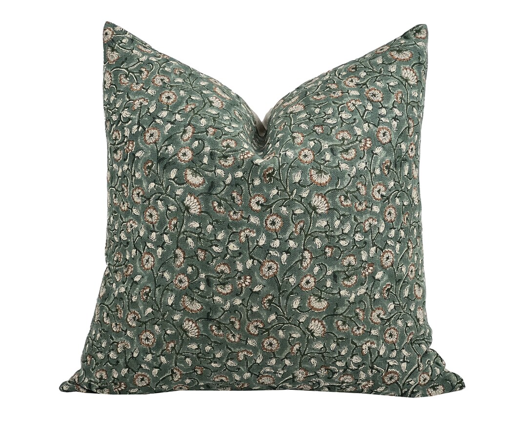 CLOVE Designer Green Floral Linen Pillow Cover, Block Print Pillow