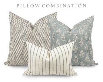 PILLOW COMBO | Light Neutrals, Beige Floral Pillow, Floral Blue Pillow, Striped Pillow, Pillow Combination, Sofa Pillow Set, Pillow Combo