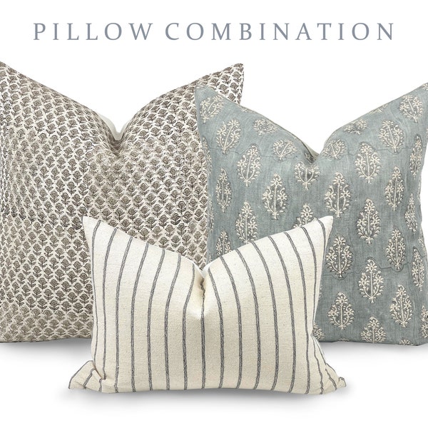 PILLOW COMBO | Light Neutrals, Beige Floral Pillow, Floral Blue Pillow, Striped Pillow, Pillow Combination, Sofa Pillow Set, Pillow Combo
