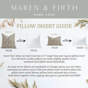 May include: A guide for choosing the right pillow insert size for square and lumbar pillow covers. The guide shows a 20x20 inch square pillow cover that fits a 22x22 inch insert and a 14x20 inch lumbar pillow cover that fits a 14x20 inch insert. The text reads "Pillow Insert Guide", "Square", "Lumbar", "Fits", "20x20", "22x22", "14x20", "14x20", "Insert Size: Select an insert one size or 2" larger than your square pillow cover for a full look. Lumbar pillows are made slightly smaller to fit a standard sized pillow insert beautifully."