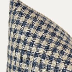 May include: A close-up of a blue and white gingham pillow cover. The fabric is woven with a subtle texture.