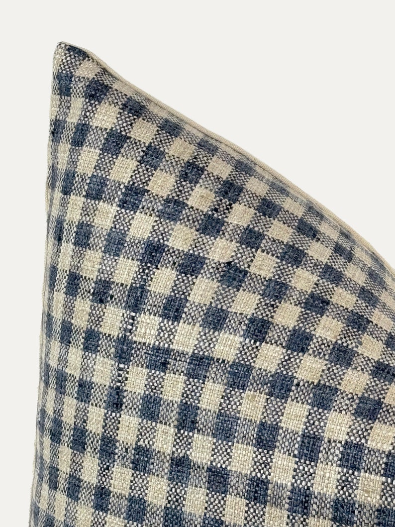 May include: A close-up of a blue and white gingham pillow cover. The fabric is woven with a subtle texture.