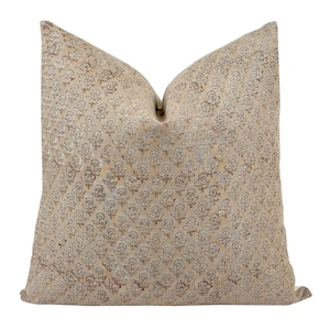 IVY | Designer Sand Floral Linen Pillow Cover, Block Print Pillow, Farmhouse Pillow, Floral Pillow, Neutral Pillow, Beige Floral Pillow